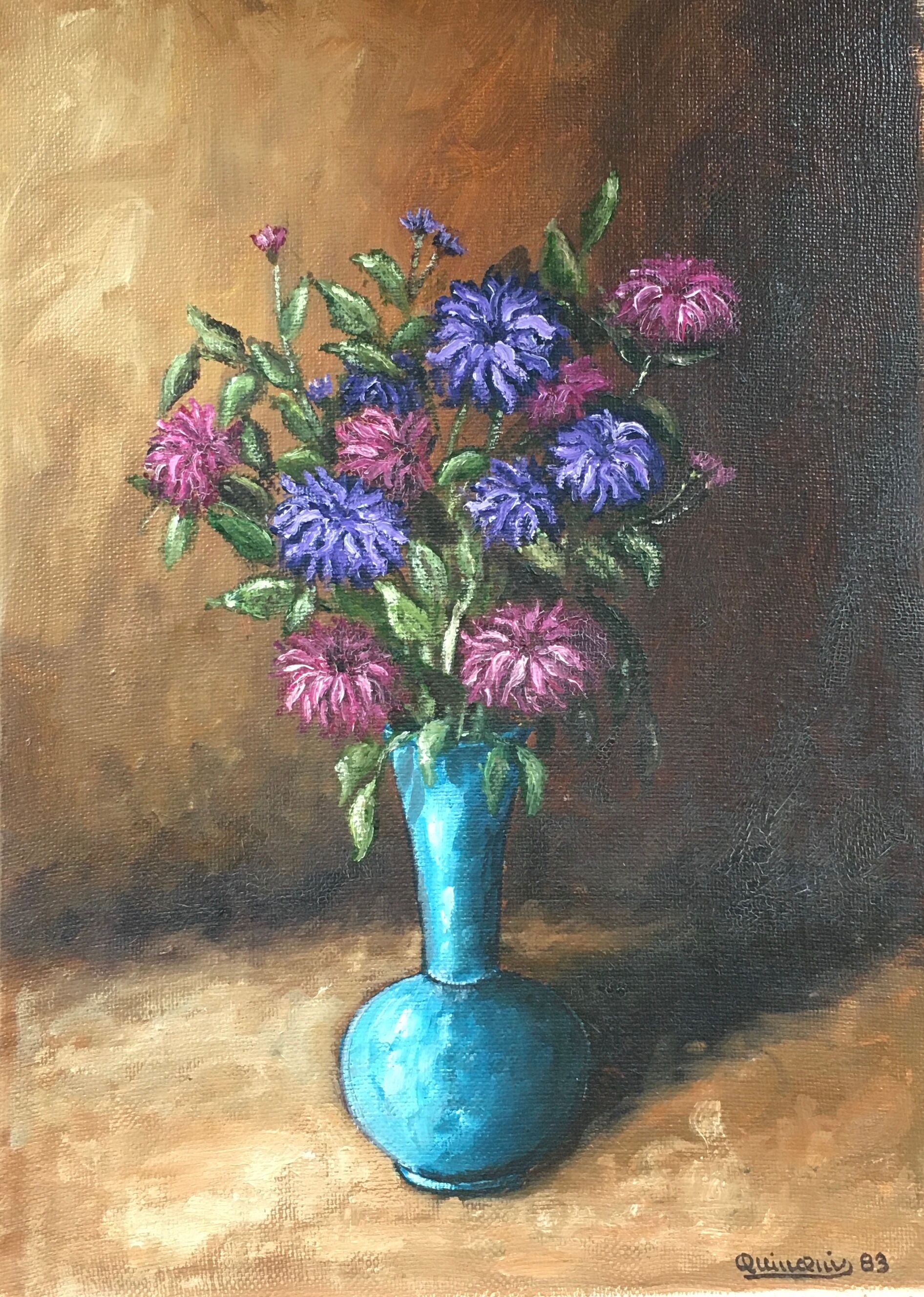 Tableau bouquet dans vase turquoise