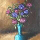 Tableau bouquet dans vase turquoise