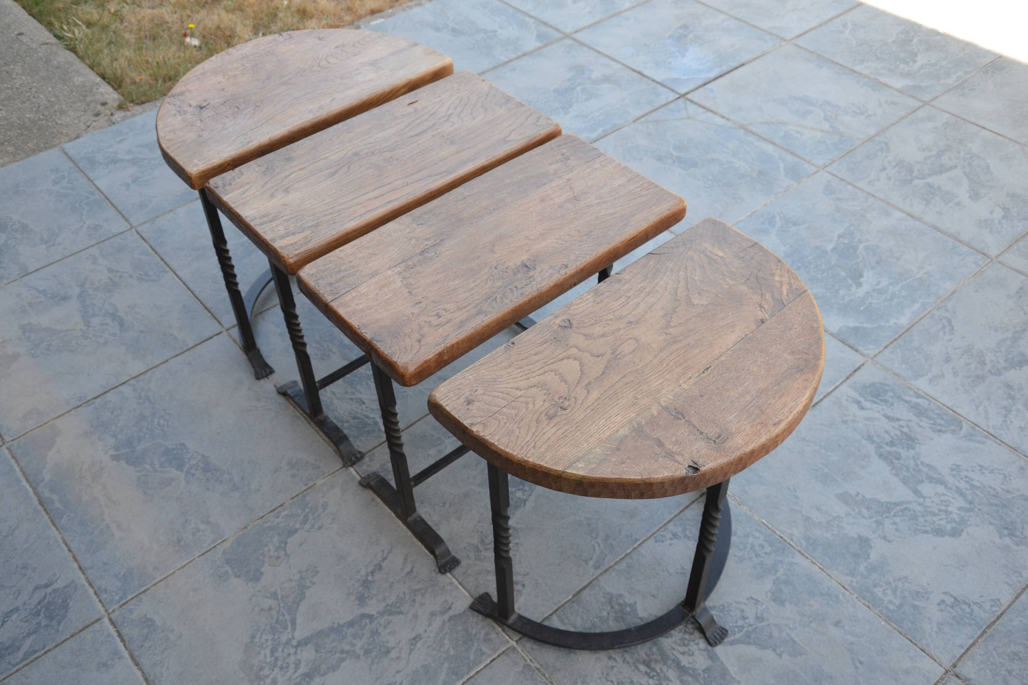 Unusual modular coffee table in oak and wrought iron.