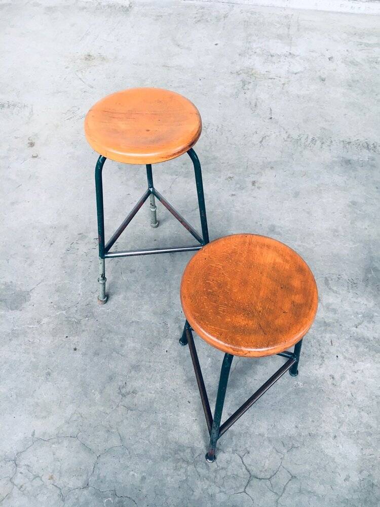 Set of Industrial Green Tripod Stool Set, Belgium, 1950s