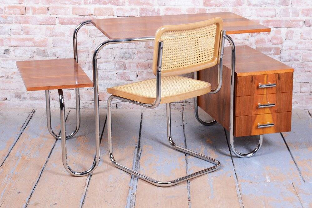 Czech Bauhaus Writing Desk in Walnut and Chrome attributed to Robert Slezak for Slezak Factories, 1940s