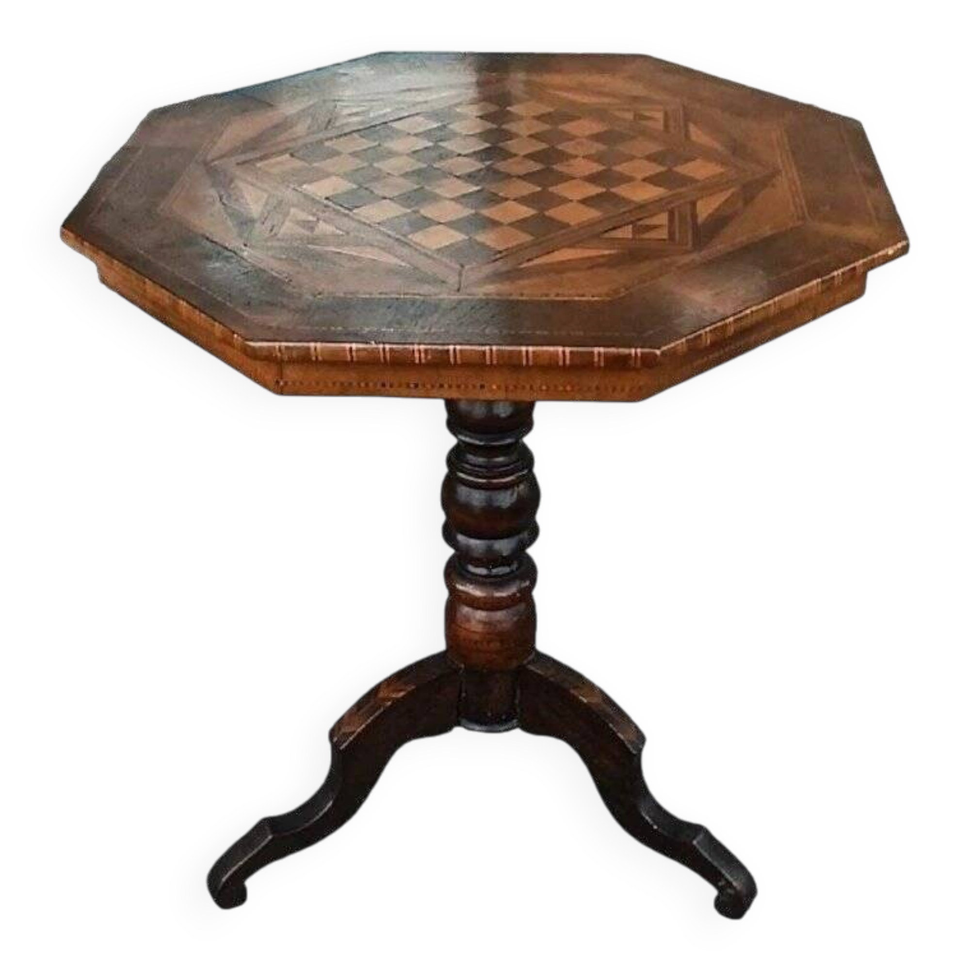 Table ancienne incrustée, jeu de dames, jeu d'échecs, Italie du XIXe siècle