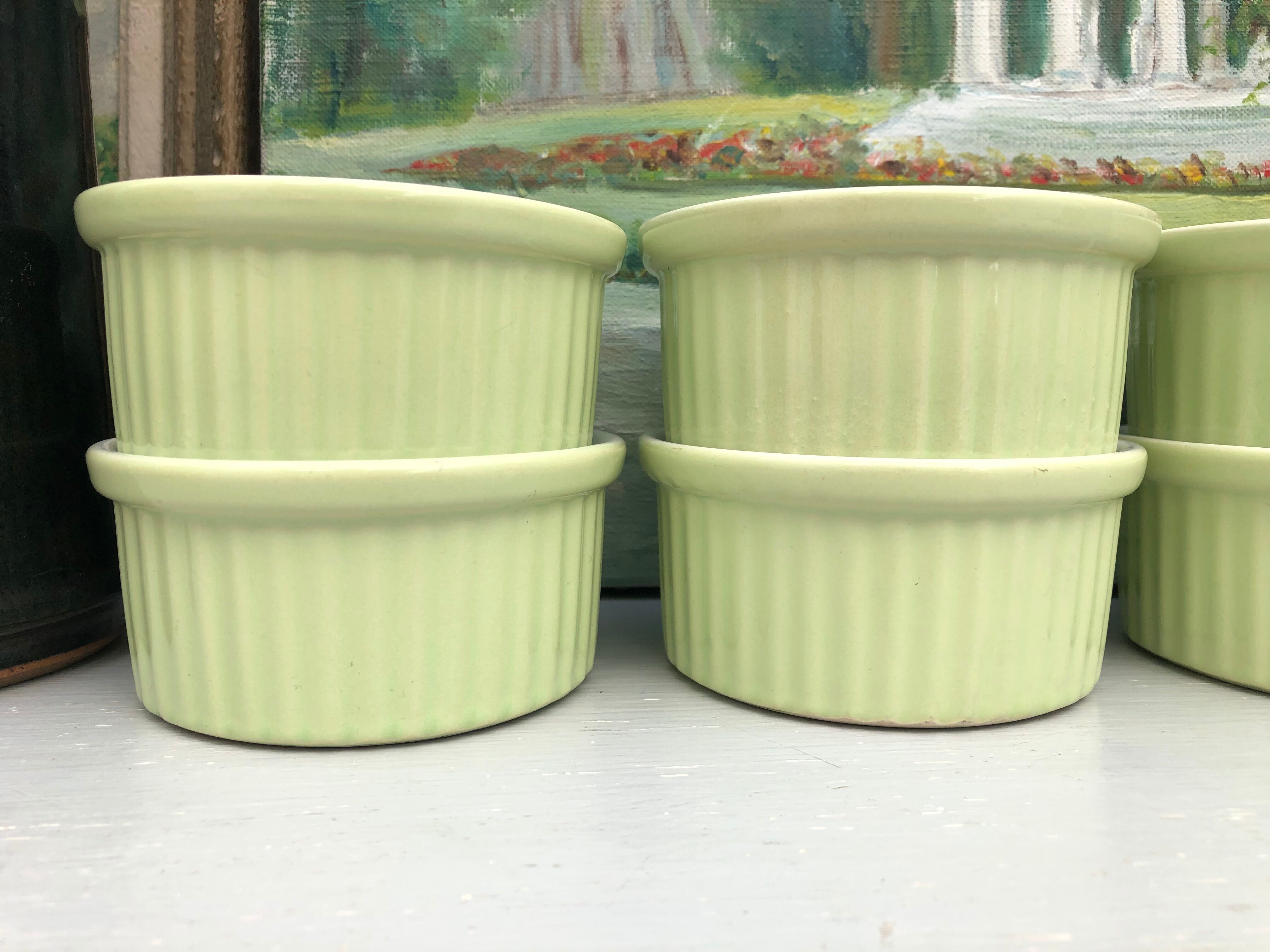 Set of 8 pastel green ramekins (anise) signed France