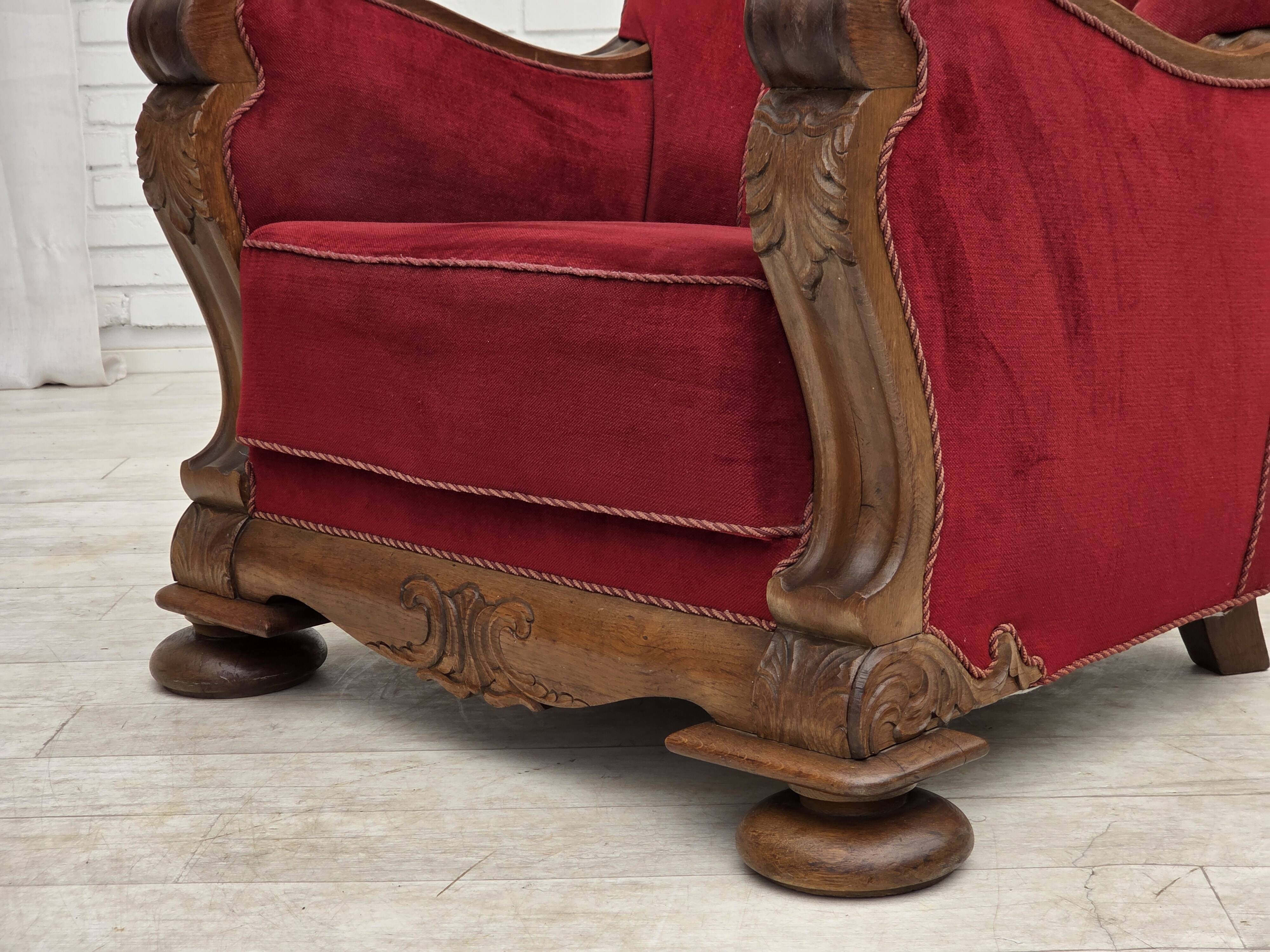 1950s, Danish relax armchair, furniture velour, carved oak wood.