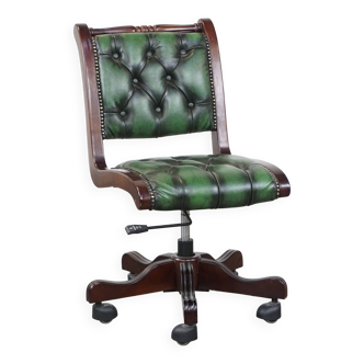 English Chesterfield office chair in green leather, height adjustable on casters