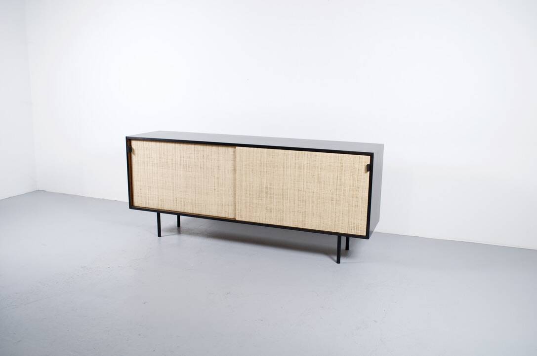 Enfilade florence knoll model 116 wood leather and raffia 1960