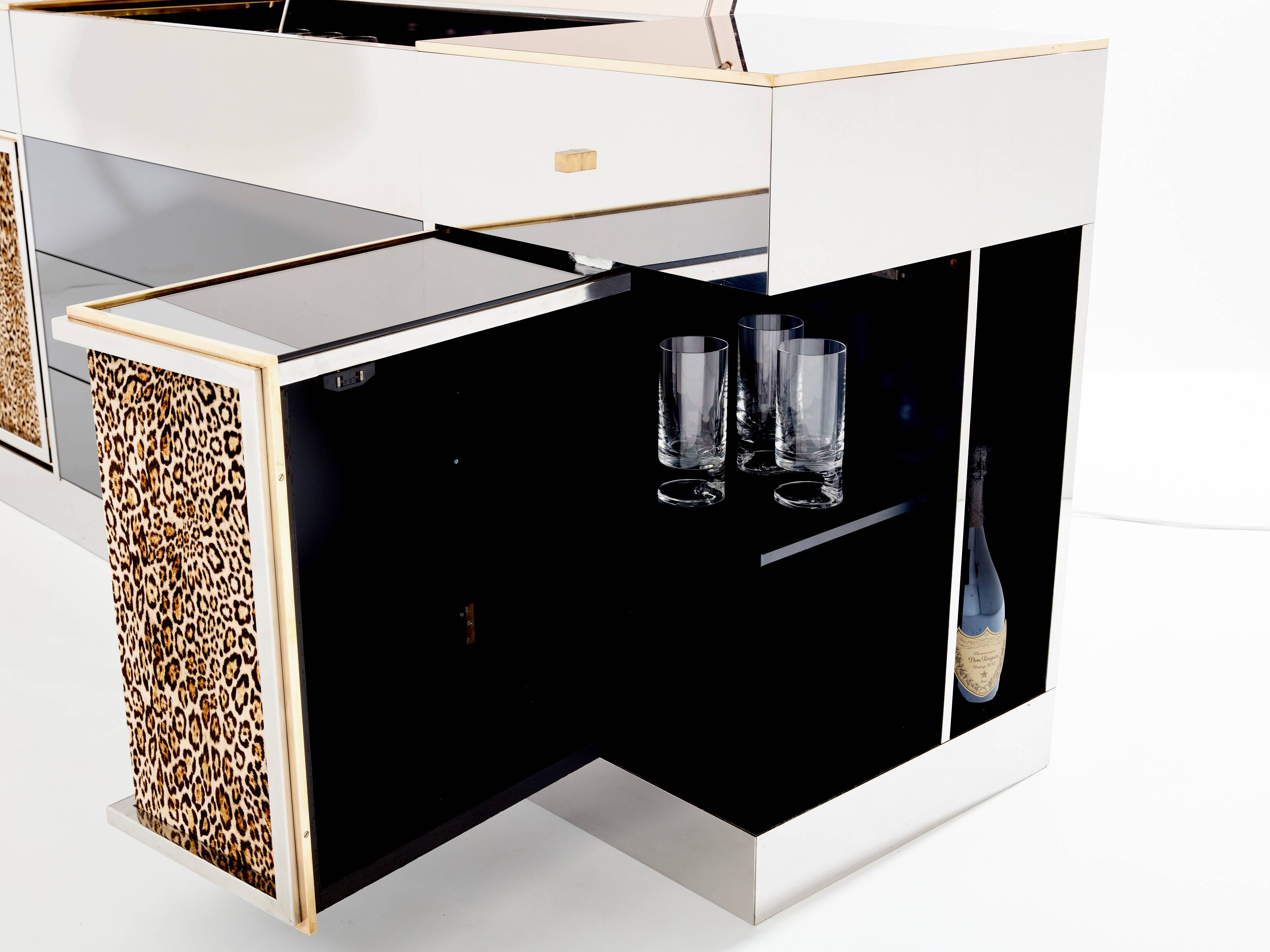 Leopard velvet mirror brass chrome sideboard Michel Pigneres 1969