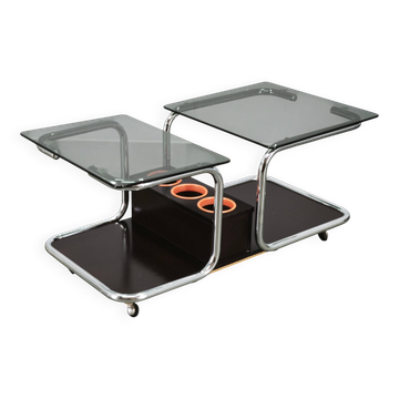 Rare 1970s Space Age Chrome, Smoked Glass and Wood Bar Cart