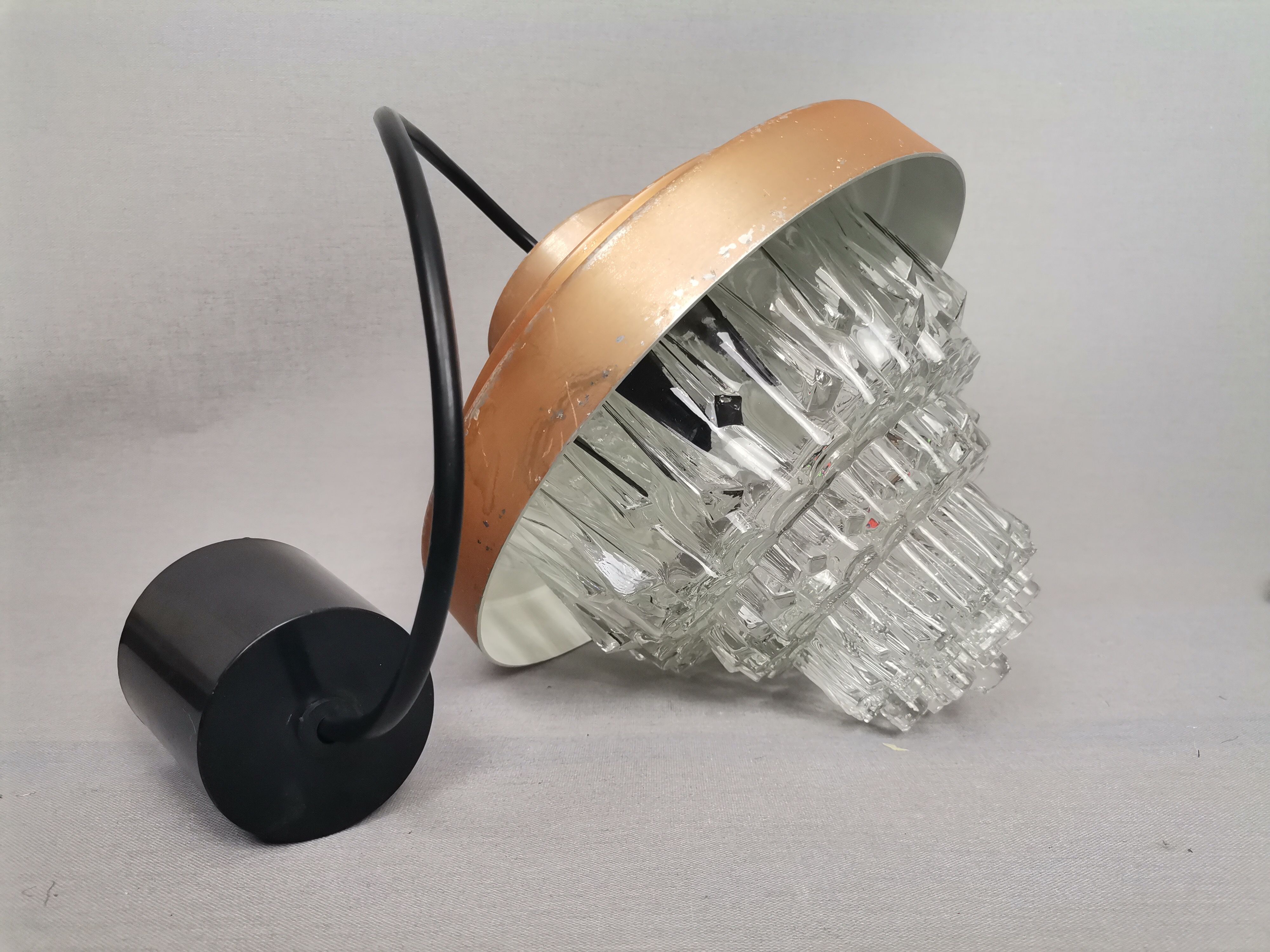 MidCentury Modern clear glass and copper colored aluminium hanging lamp, 1960s