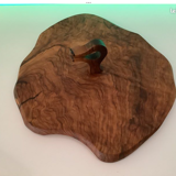 Vintage olive solid wood cheese platter with handle + knife (wooden handle)