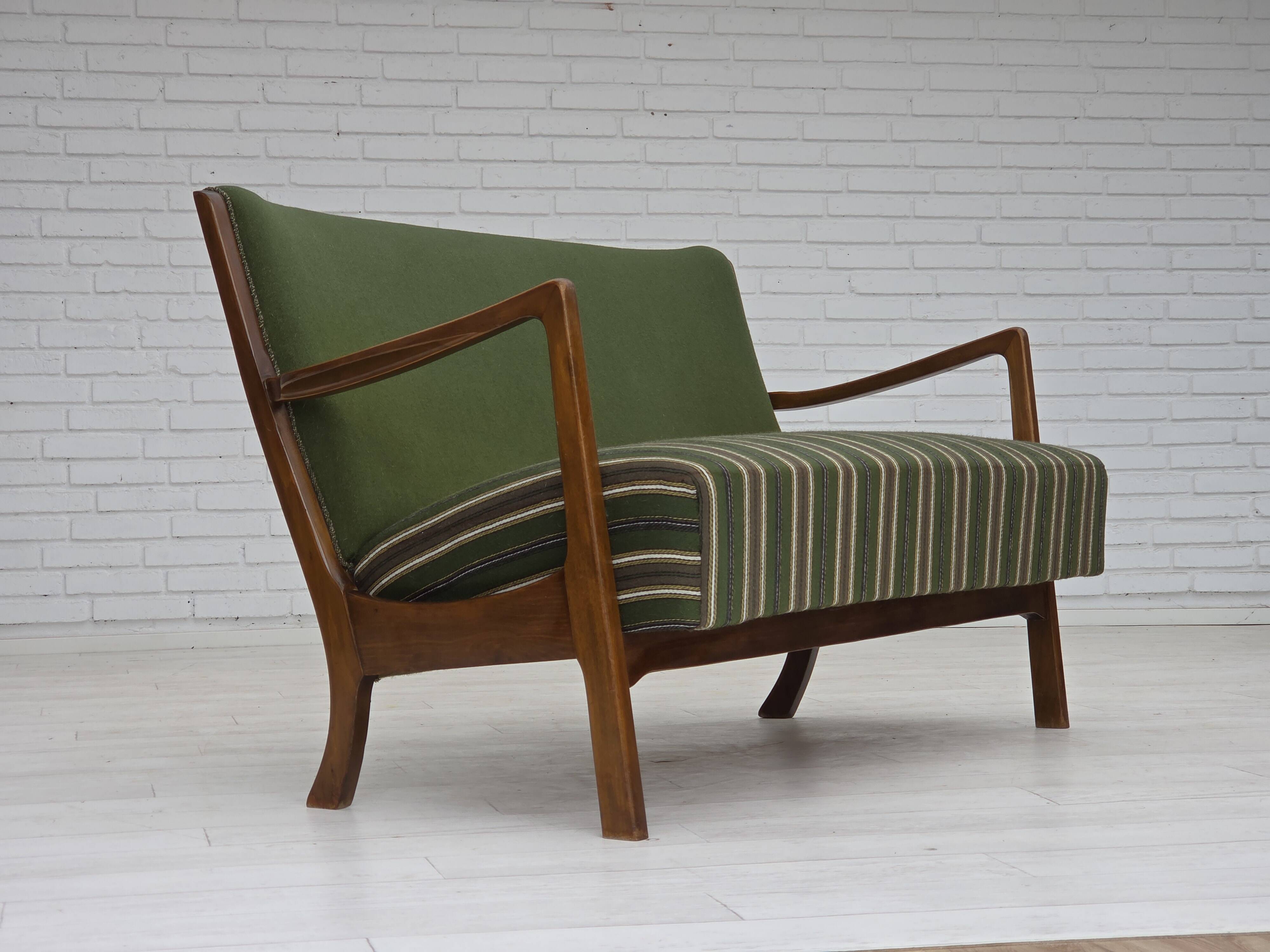 1960s, Danish 2-seater sofa, furniture wool, beech wood, original.