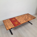 Coffee table 60s top enamelled color red and gold, metal and brass base.