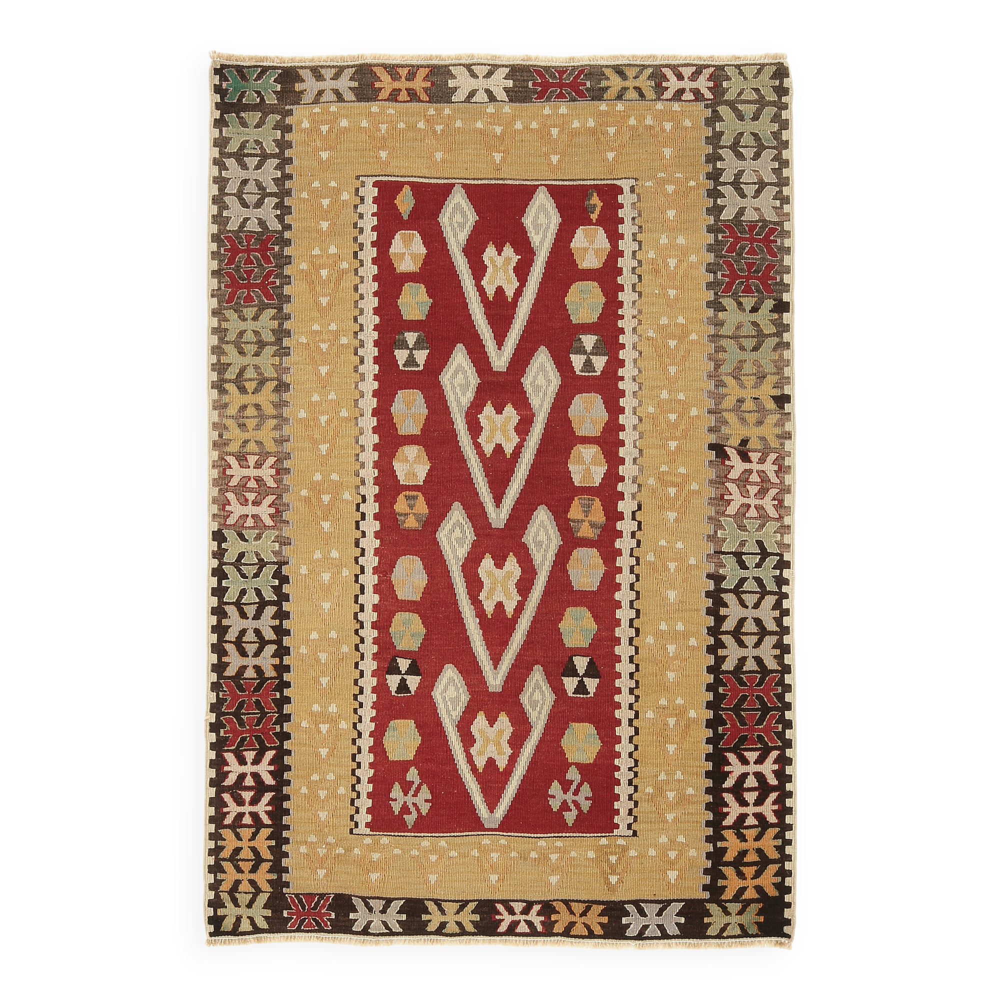 3x5 Red & Mustard Tribal Handmade Vintage Kilim Rug, 95x143Cm