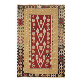 Tapis Kilim tribal vintage fait main rouge et moutarde 3x5, 95x143 cm