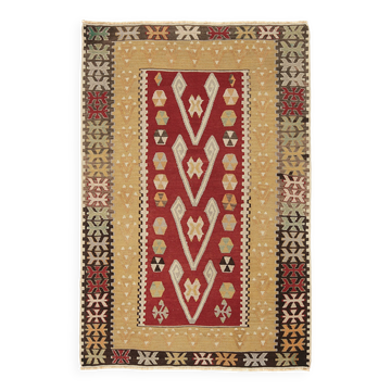 3x5 Red & Mustard Tribal Handmade Vintage Kilim Rug, 95x143Cm