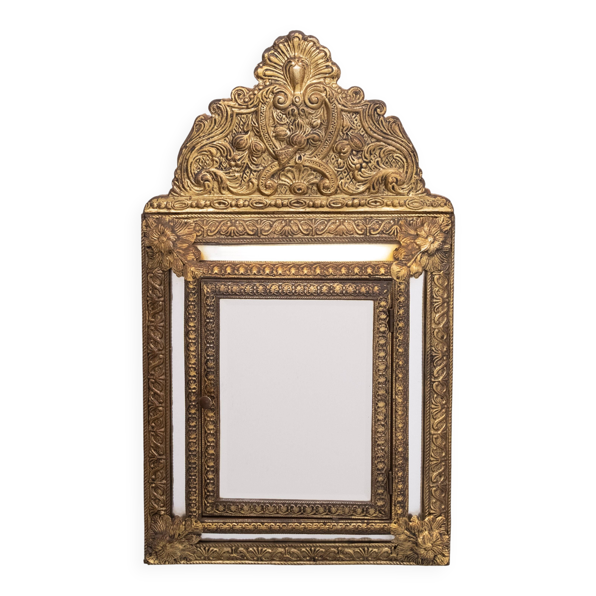 Antique Dutch Brass Ornate Repousse hanging Mirror Hall Cabinet