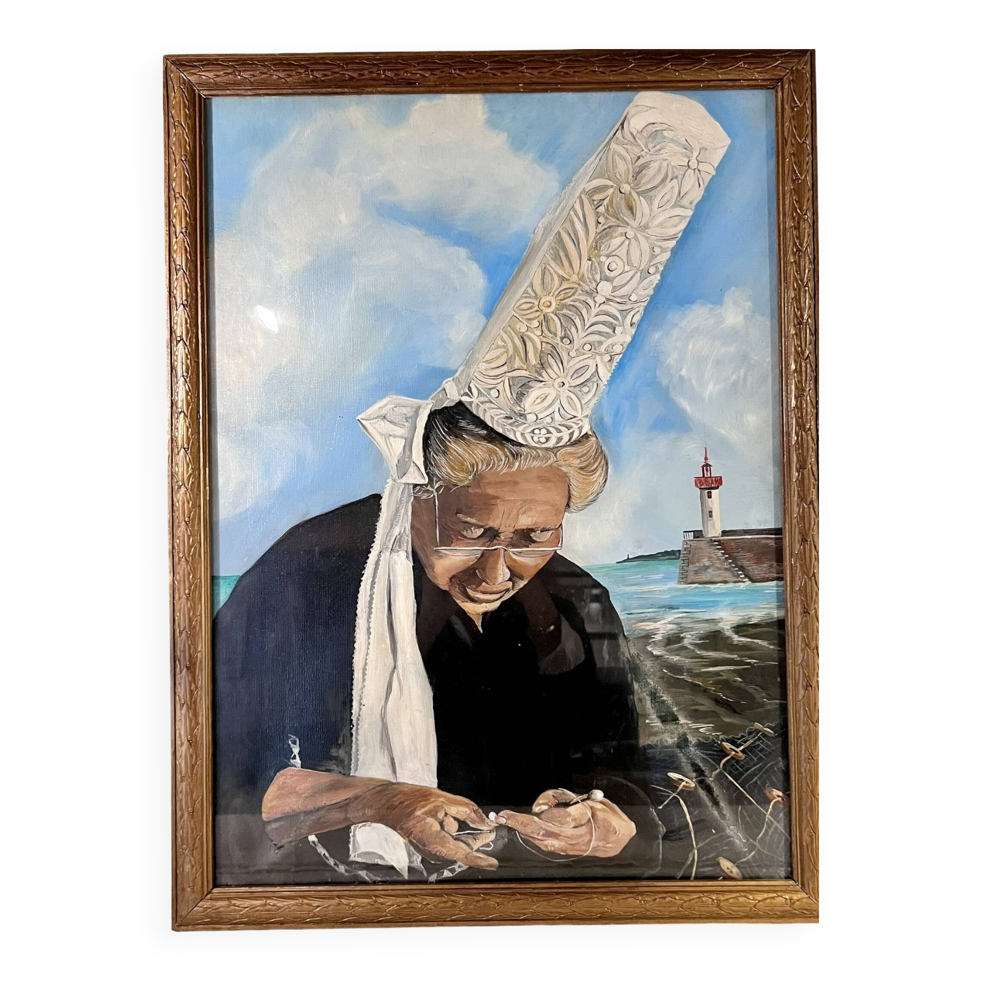 Huile sur toile "Bigoudène au port, XXe siècle