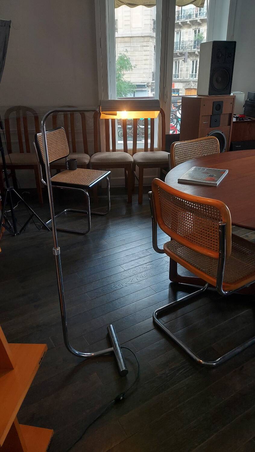 Minimalist chrome reading light / light fixture from 1970 by Christian Liaigre - Vintage height-adjustable floor lamp