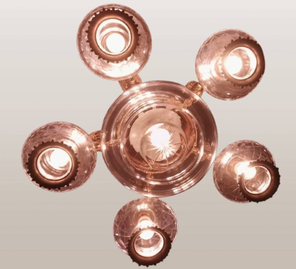 Large Gothic brass chandelier with 6 lights, 1940s.