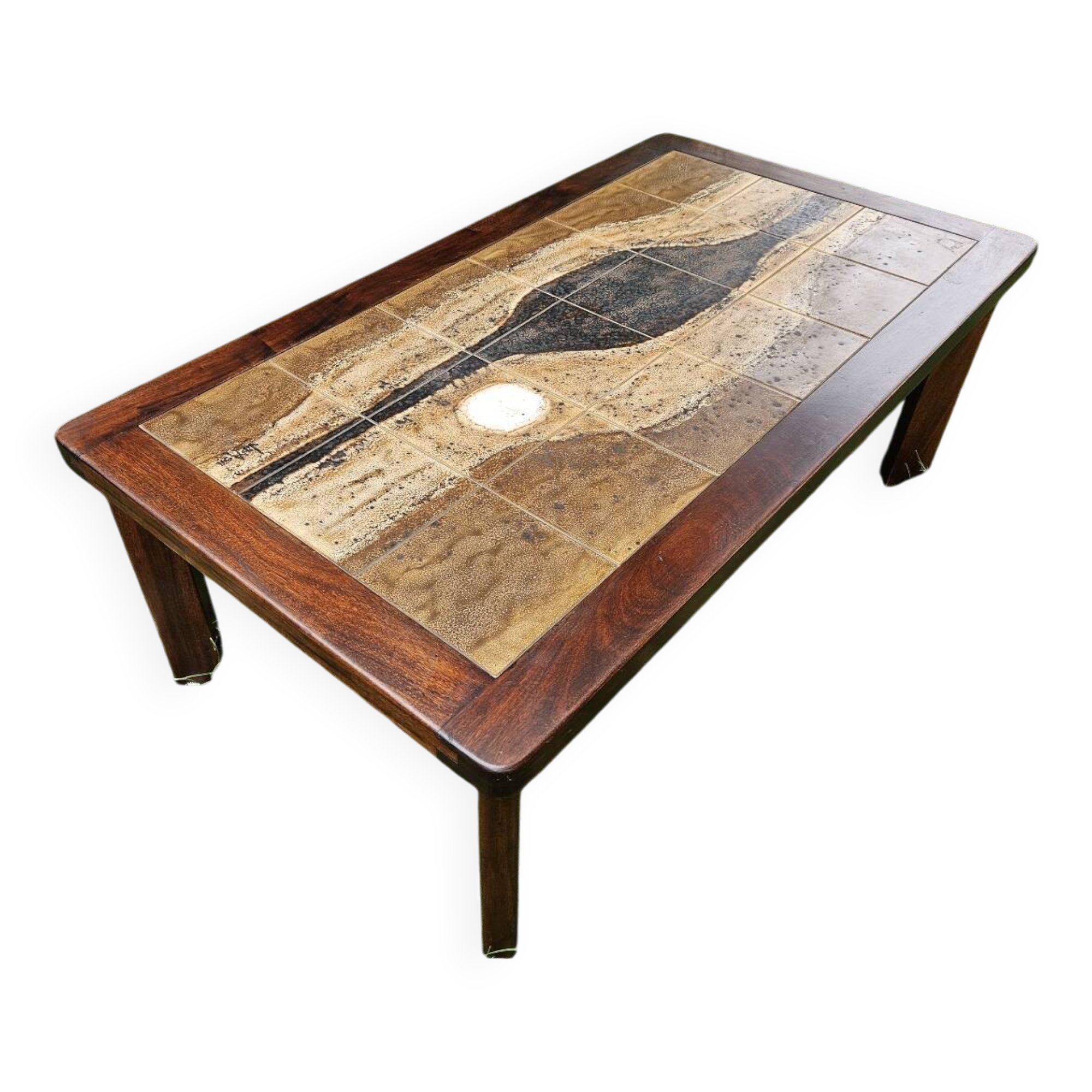 Brutalist coffee table in wood and ceramic by Jean d'Asti, Vallauris, 1960s-70s