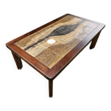 Table basse brutaliste en bois et céramique signée Jean d'Asti Vallauris, années 60-70