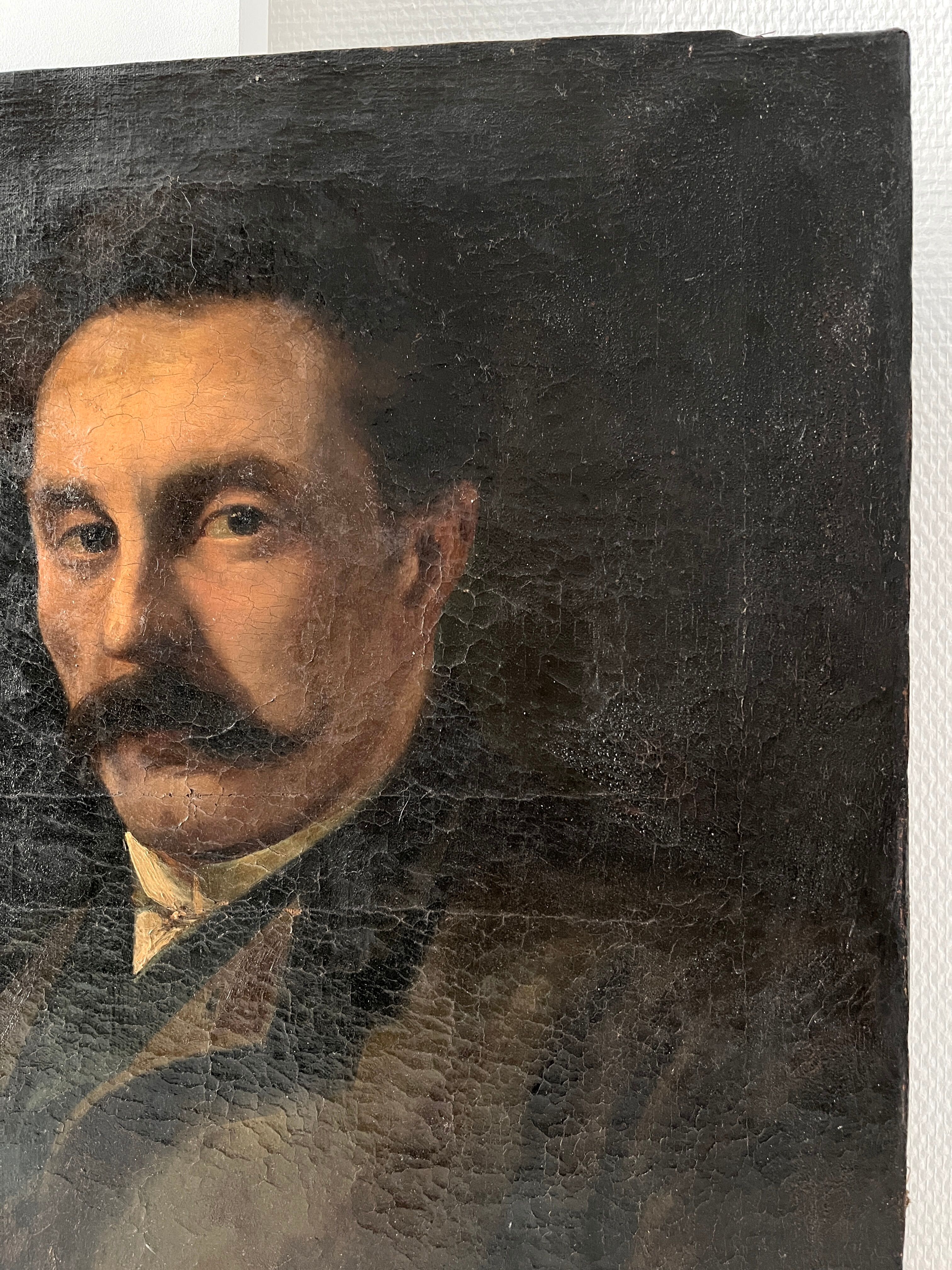 Portrait of a man in oil on canvas from the 19th century, an old painting dated 1885.