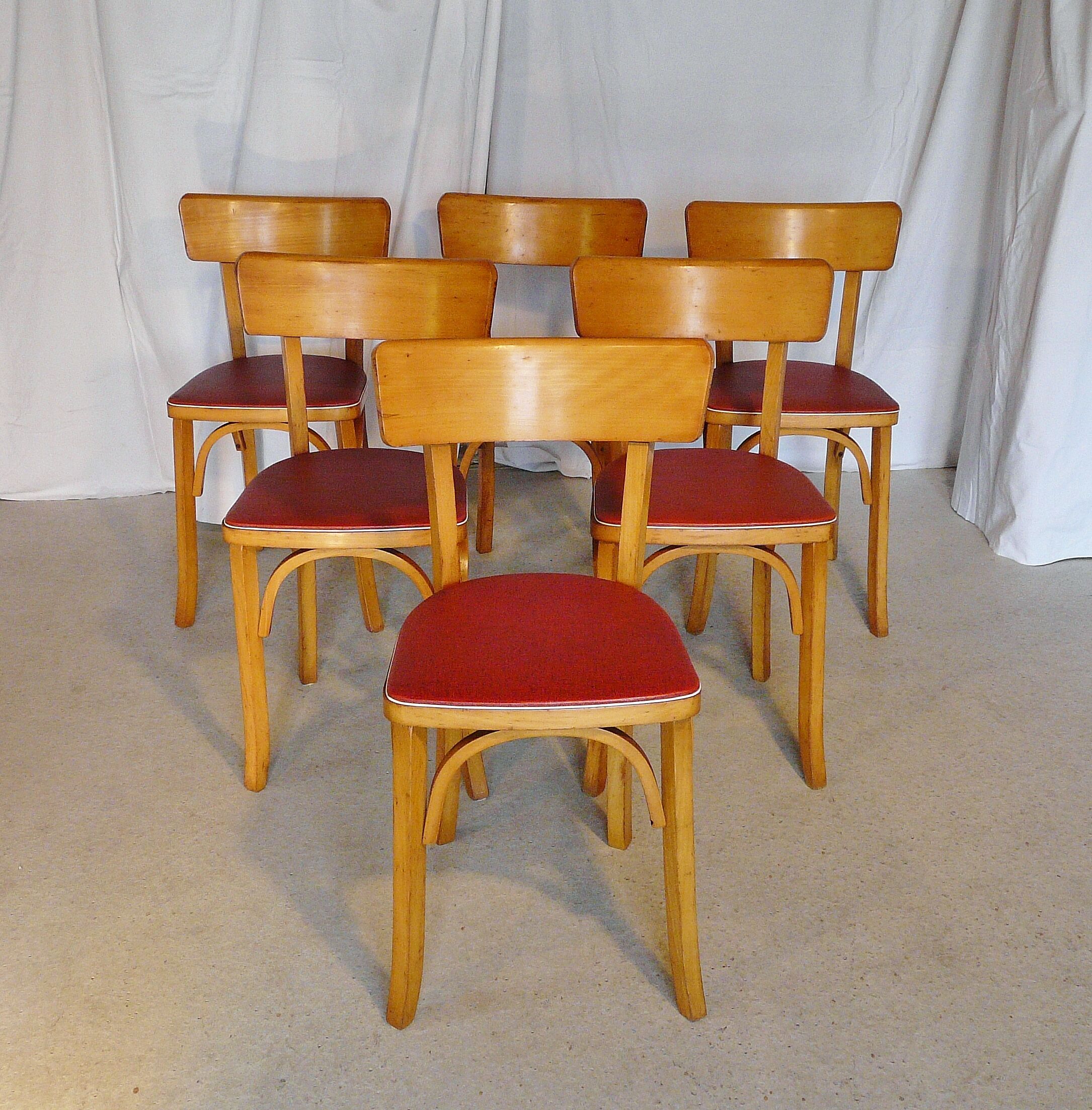 Six vintage Baumann bistro chairs in blond wood