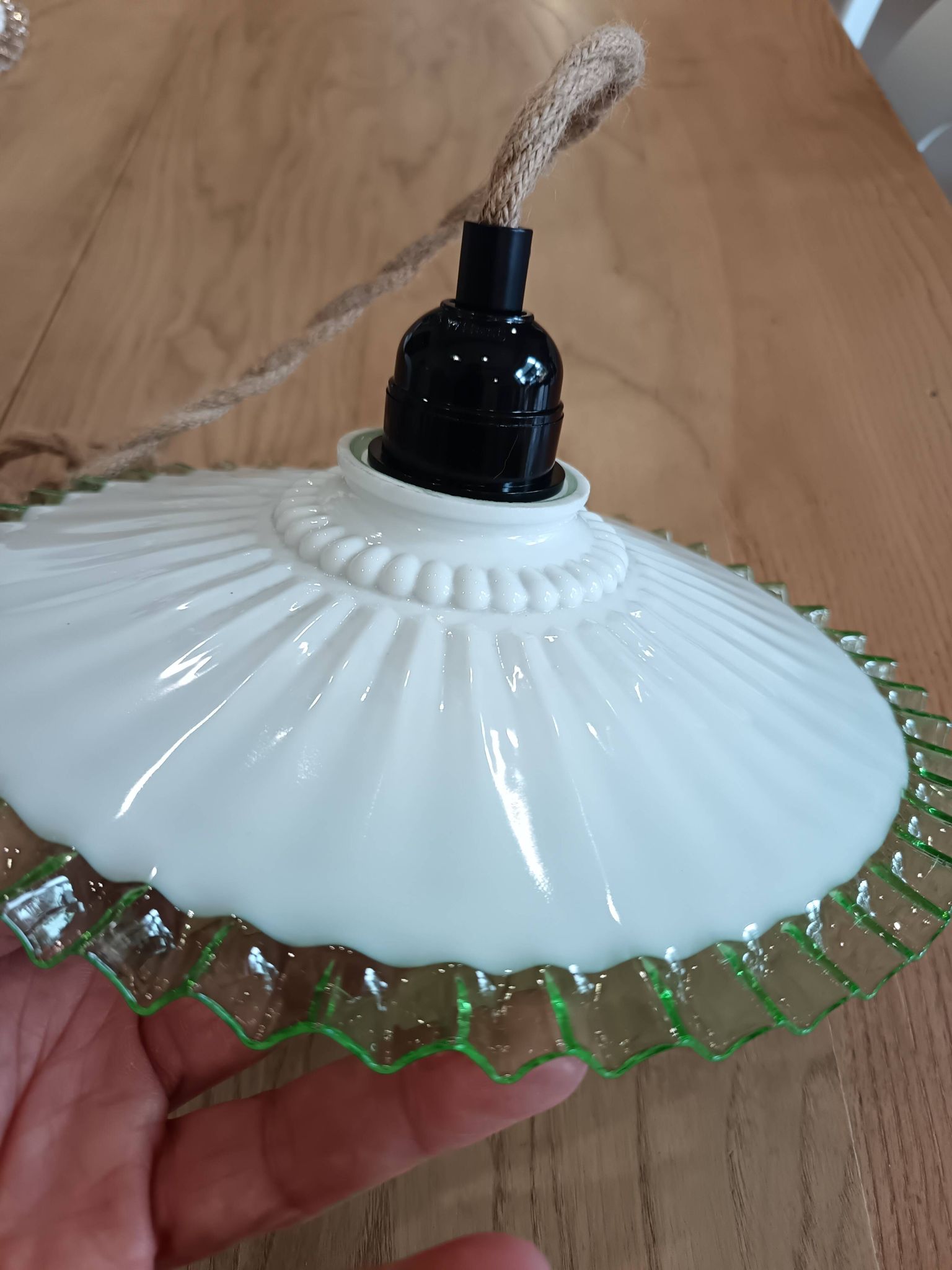 Portable lamp in pale green and white glass