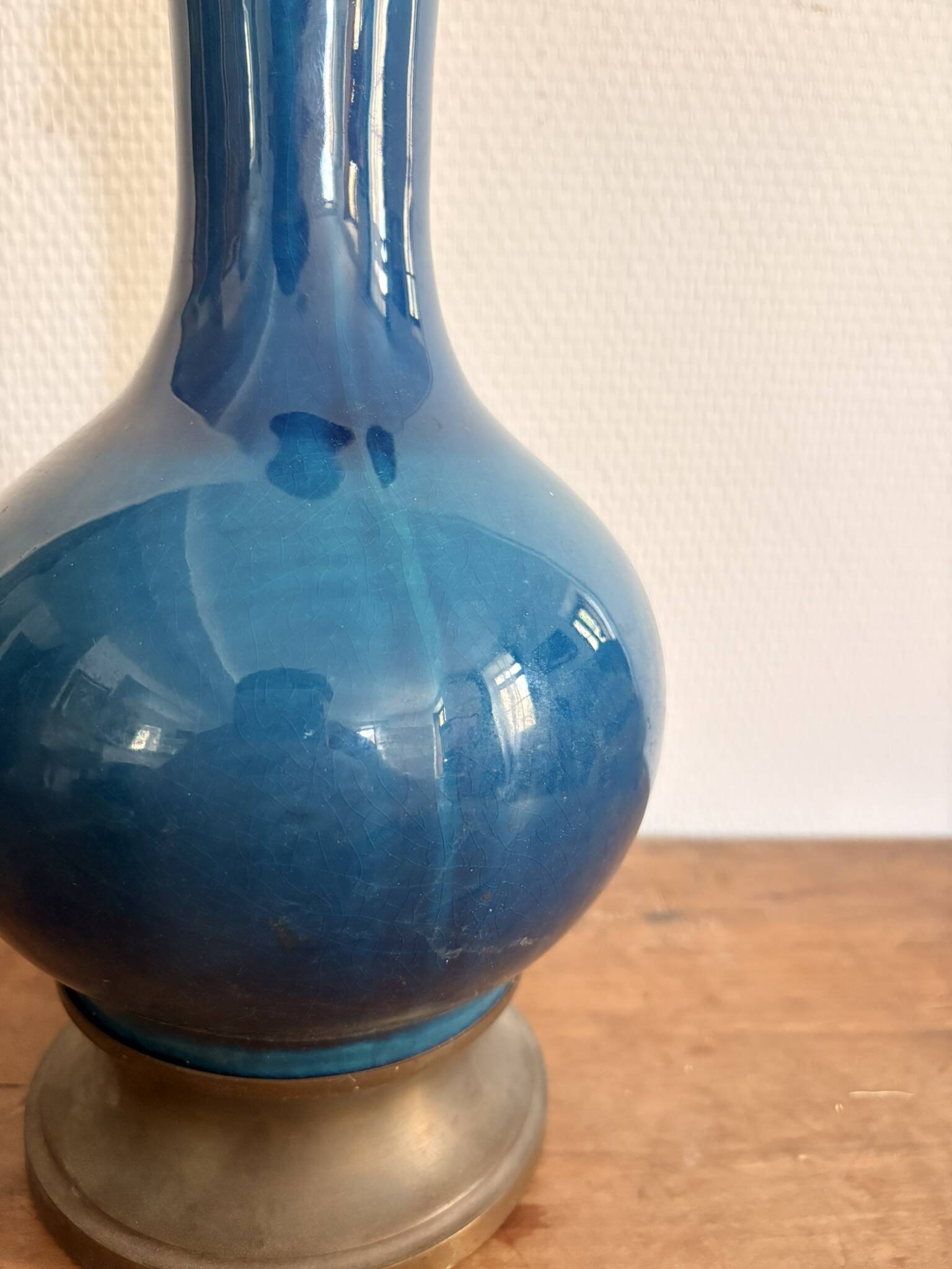Blue Enamelled Ceramic Lamp Base Brass Vintage Oil Lamp Style