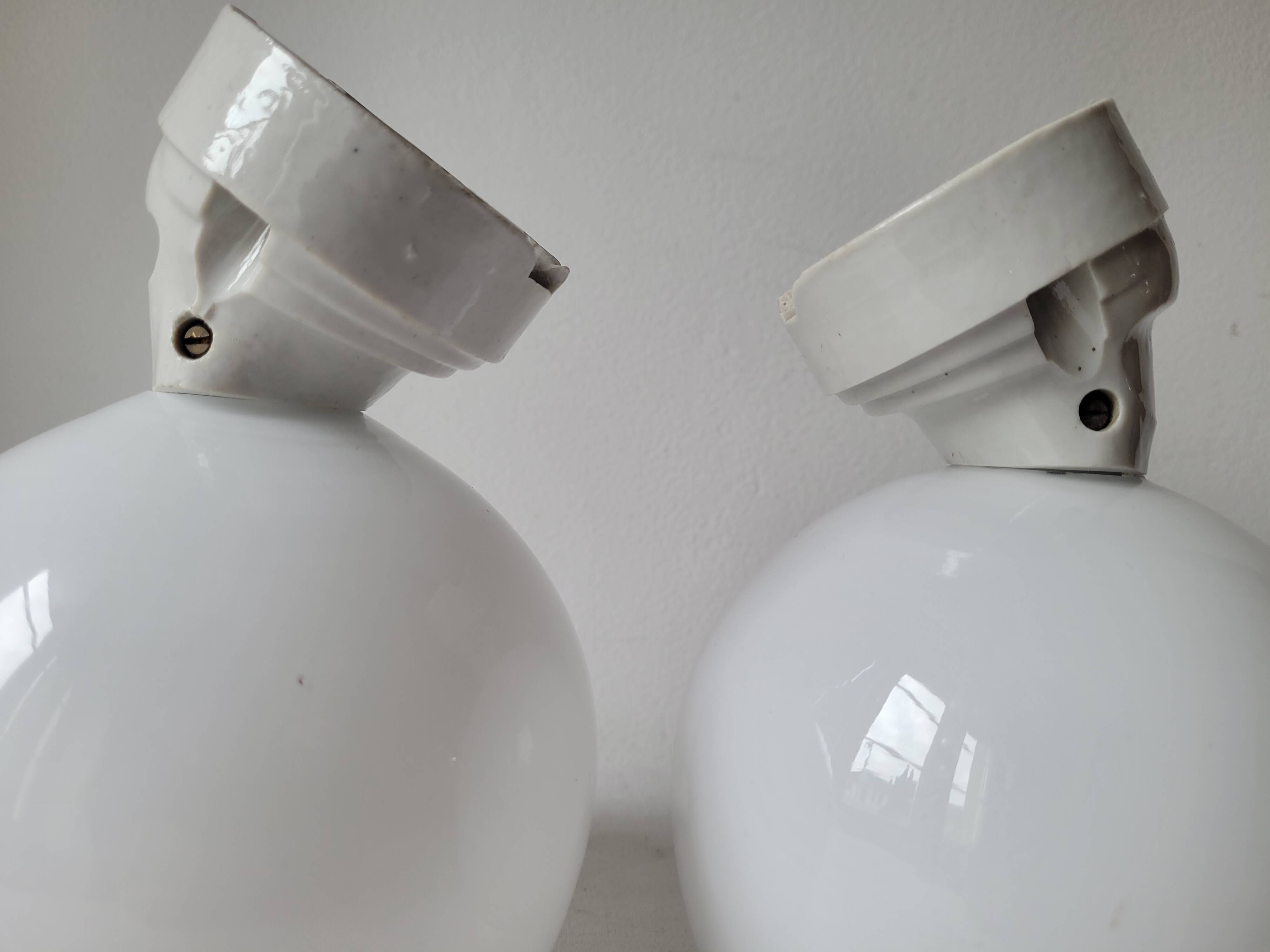 Duo of opaline and porcelain pendant lights