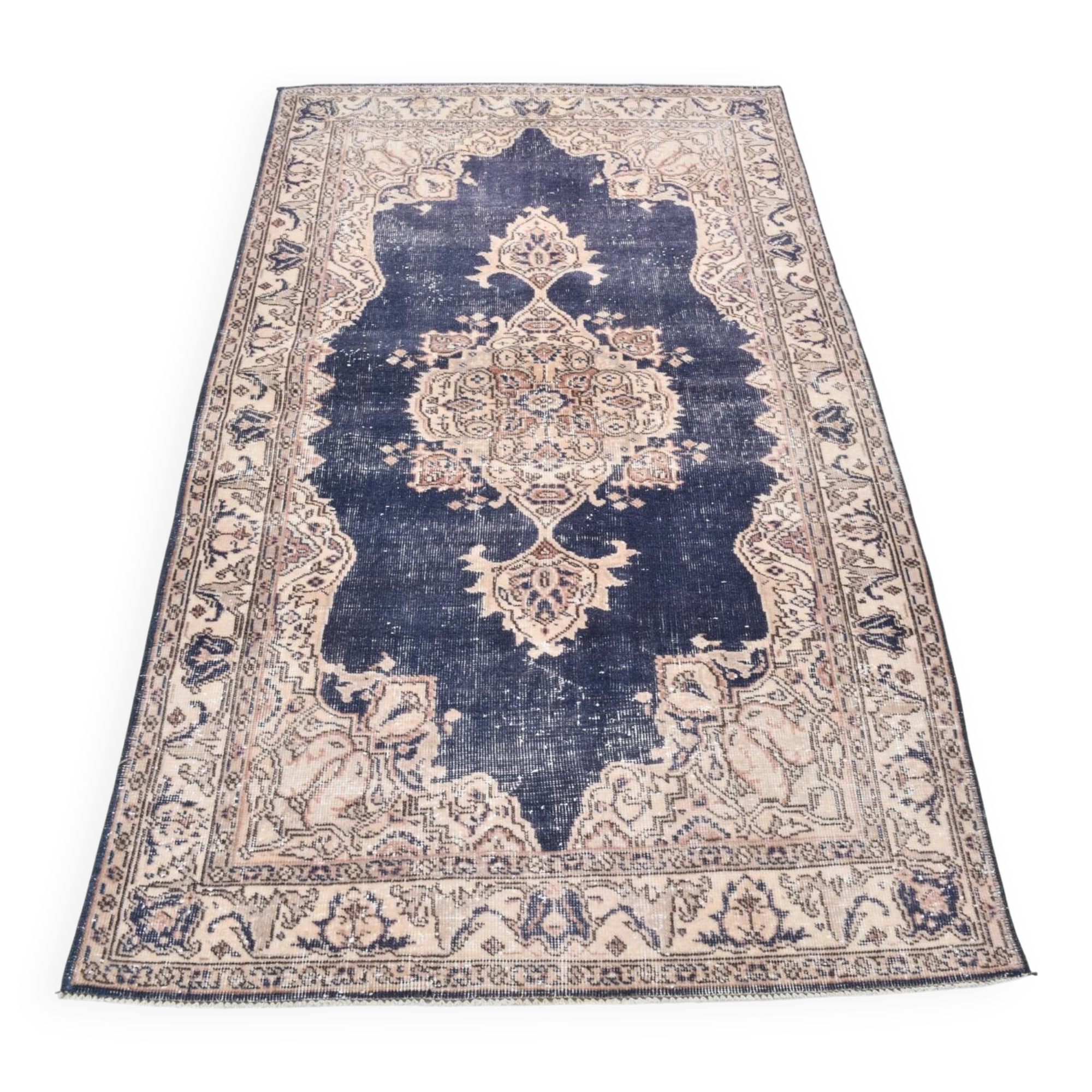 4x7 Beige & Blue Wool Vintage Rug, Handwoven Persian Rug, 116x198Cm