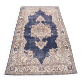 Tapis persan vintage en laine beige et bleu 4x7, tissé à la main, 116x198 cm