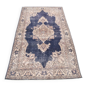 Tapis persan vintage en laine beige et bleu 4x7, tissé à la main, 116x198 cm