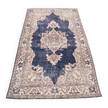 4x7 Beige & Blue Wool Vintage Rug, Handwoven Persian Rug, 116x198Cm