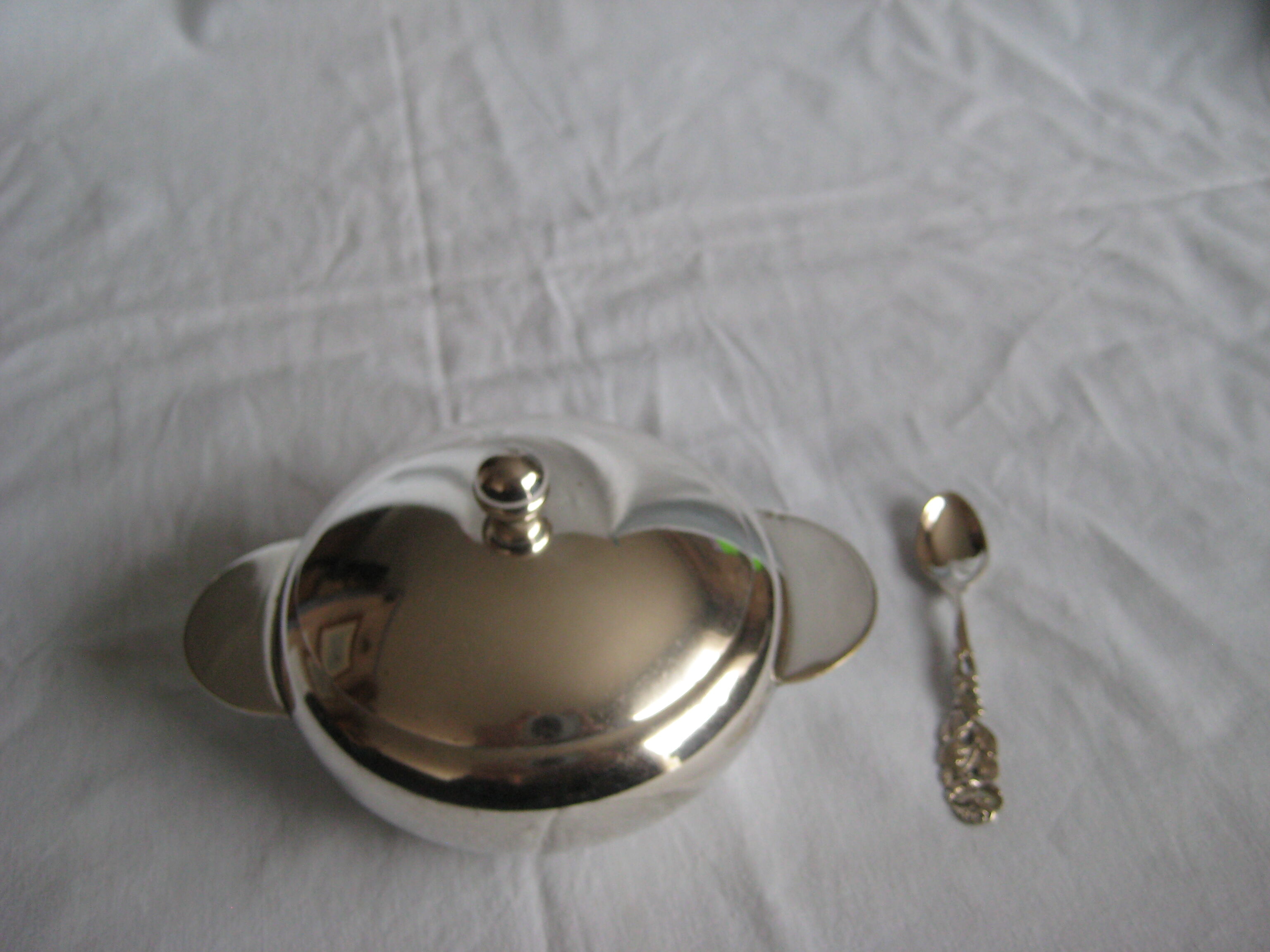 silver metal sugar and silver sugar spoon.