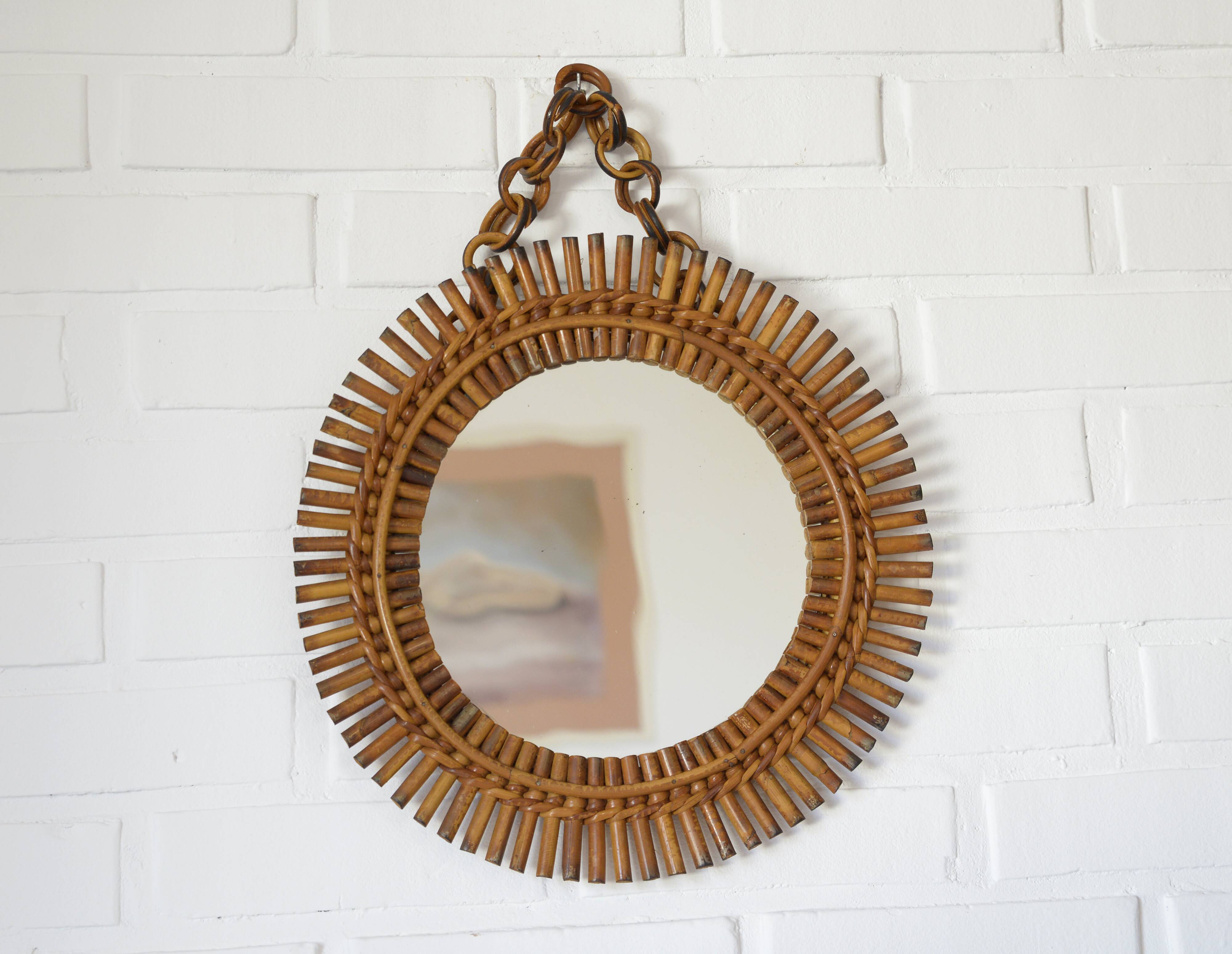 Vintage Bamboo Sunburst Wall Mirror / Mid Century Boho Decor 1970's