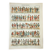 Gravure ancienne 1898, Costumes militaires historiques • Lithographie originale et vintage