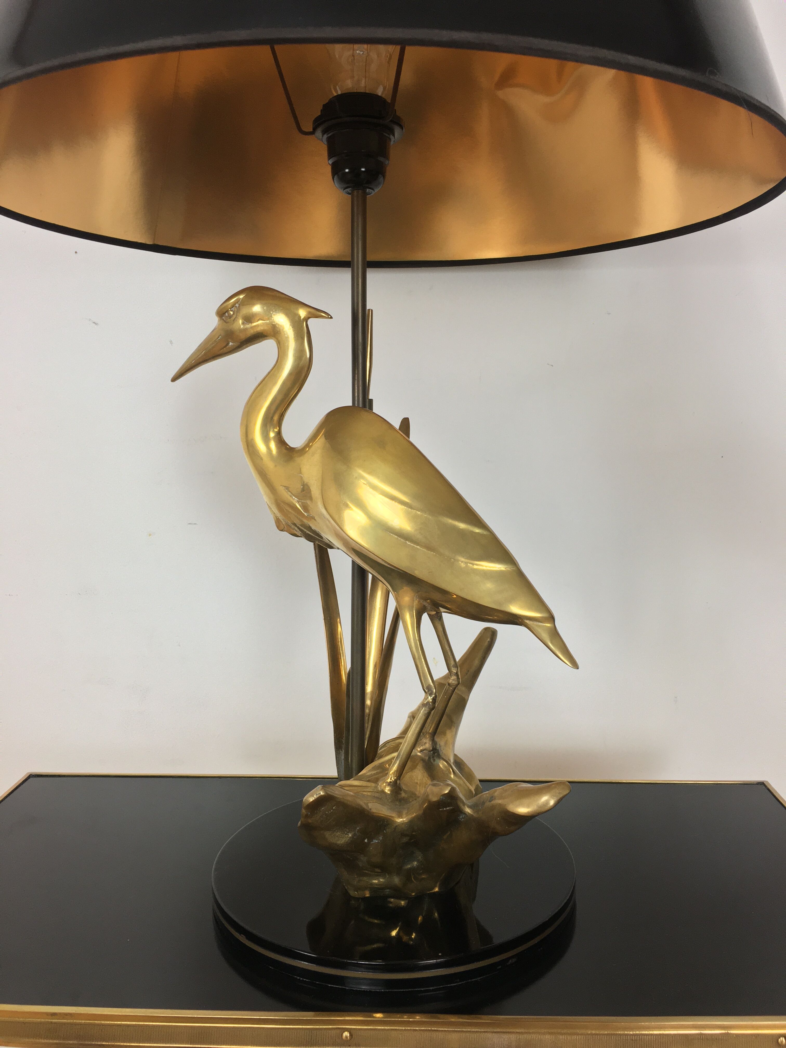 Heron lamp, golden brass animal style