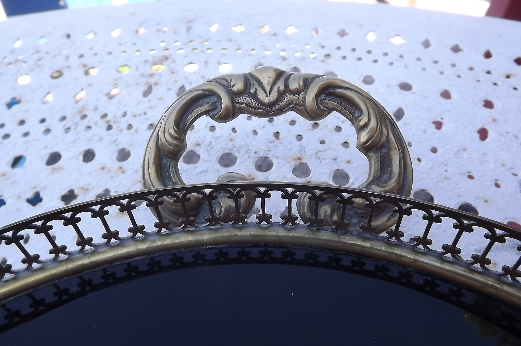 Tray oval glass brass and wood
