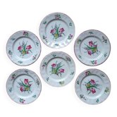 Kg luneville " réverbère " 6 assiettes plates faience fleurs peint main ø25,5 cm