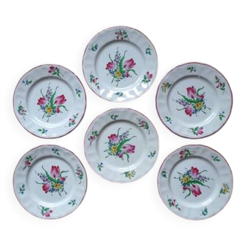 Kg luneville "réverbère" 6 flat plates earthenware hand-painted flowers ø25.5 cm