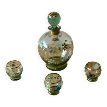 Blown glass carafe set + 3 liqueur glasses - floral relief decoration - 1950