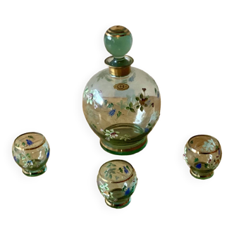 Blown glass carafe set + 3 liqueur glasses - floral relief decoration - 1950