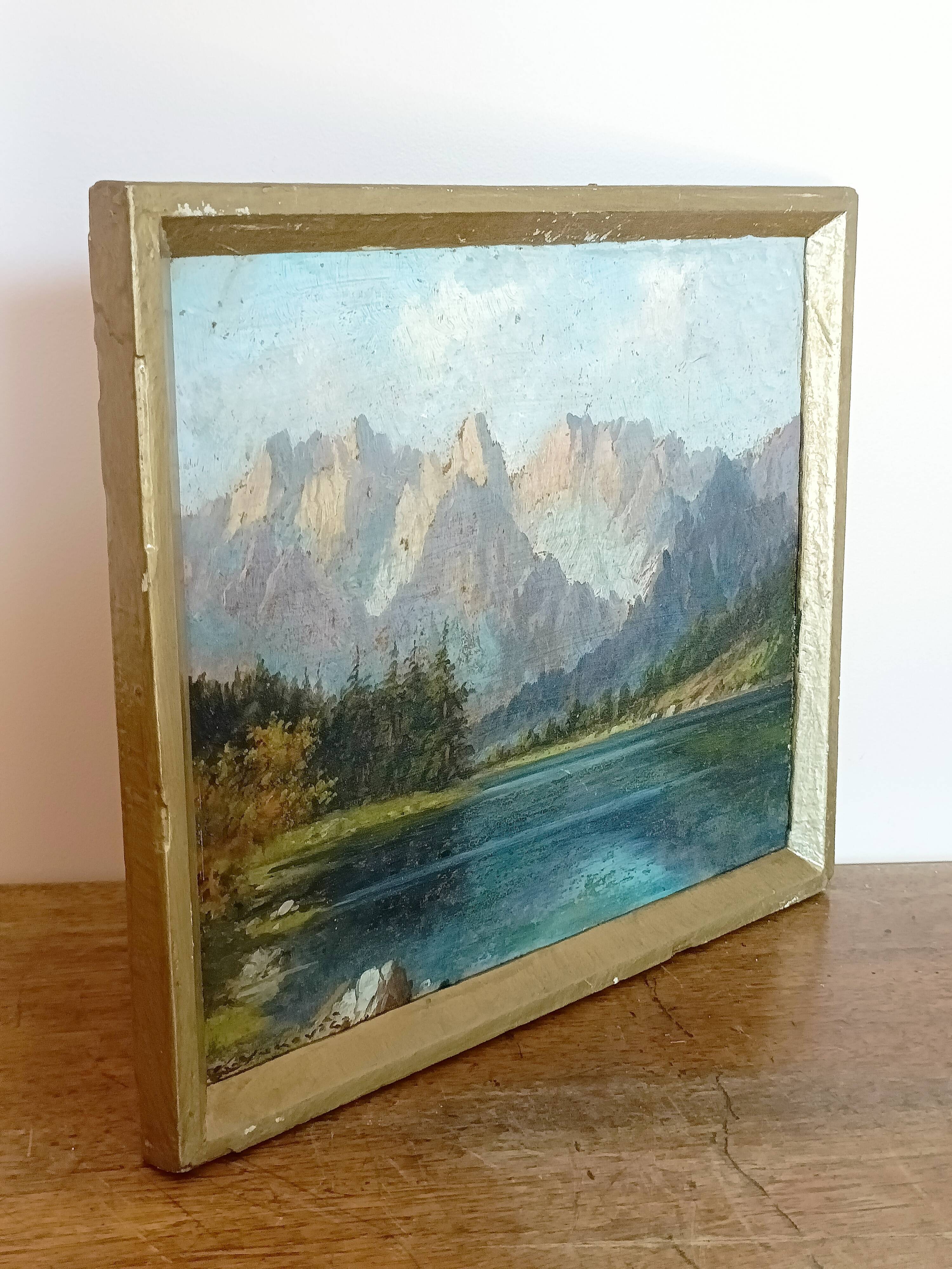 Oil on panel painting, signed K. Vukovic mountain and lake landscape