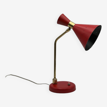 Lampe de table en laiton et métal laqué rouge, 1960s