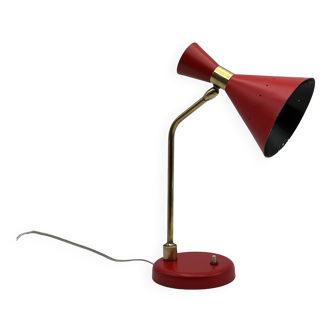 Lampe de table en laiton et métal laqué rouge, 1960s