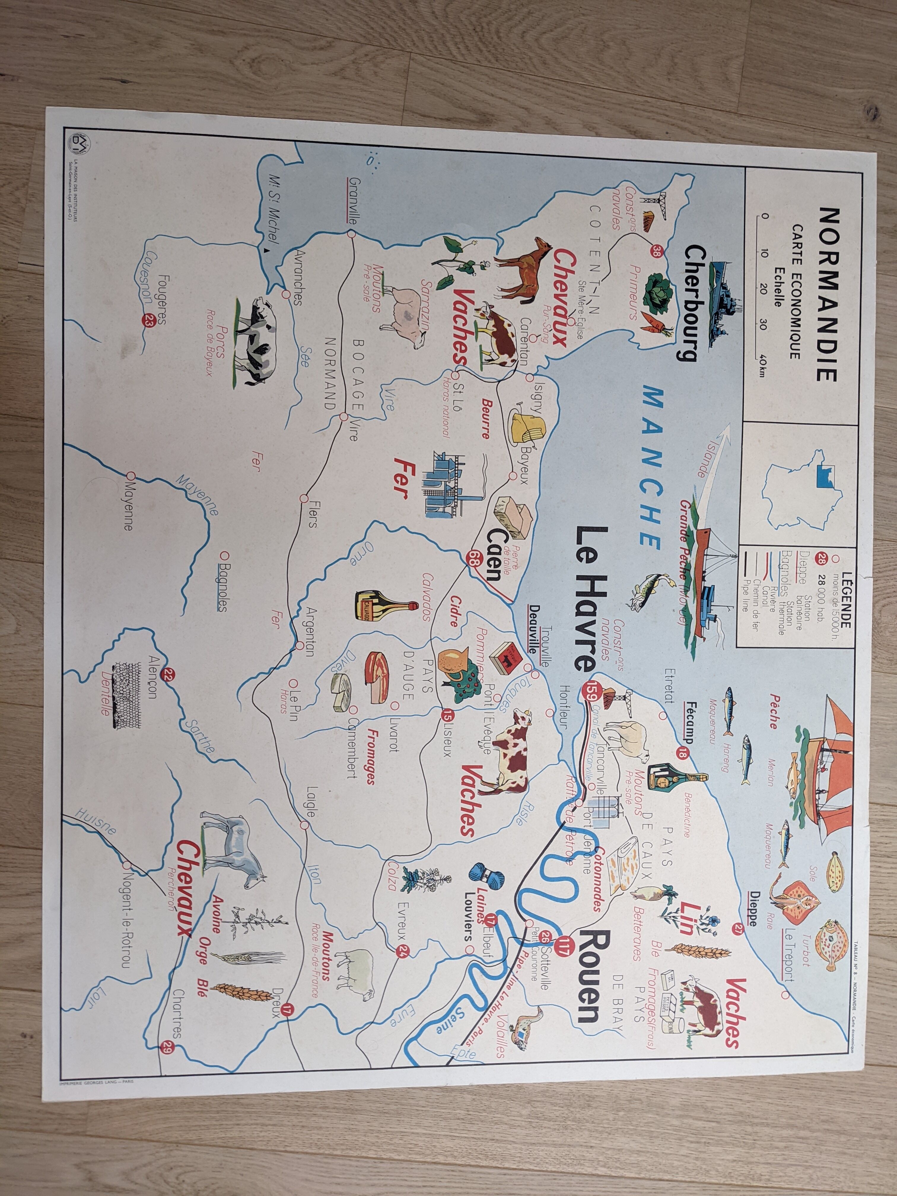 Old vintage school poster Normandy Paris basin