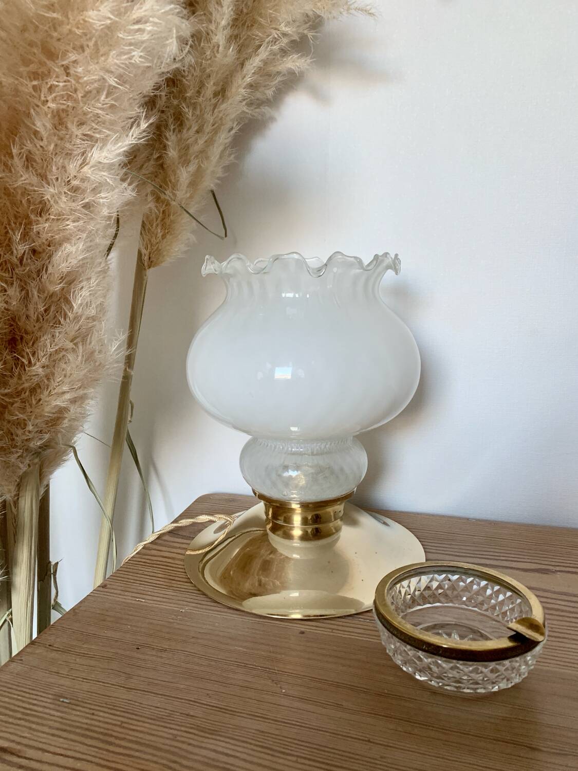 Vintage Table Lamp with White Globe and Antique Brass Base - Elegant Lighting with Braided Gold Wire