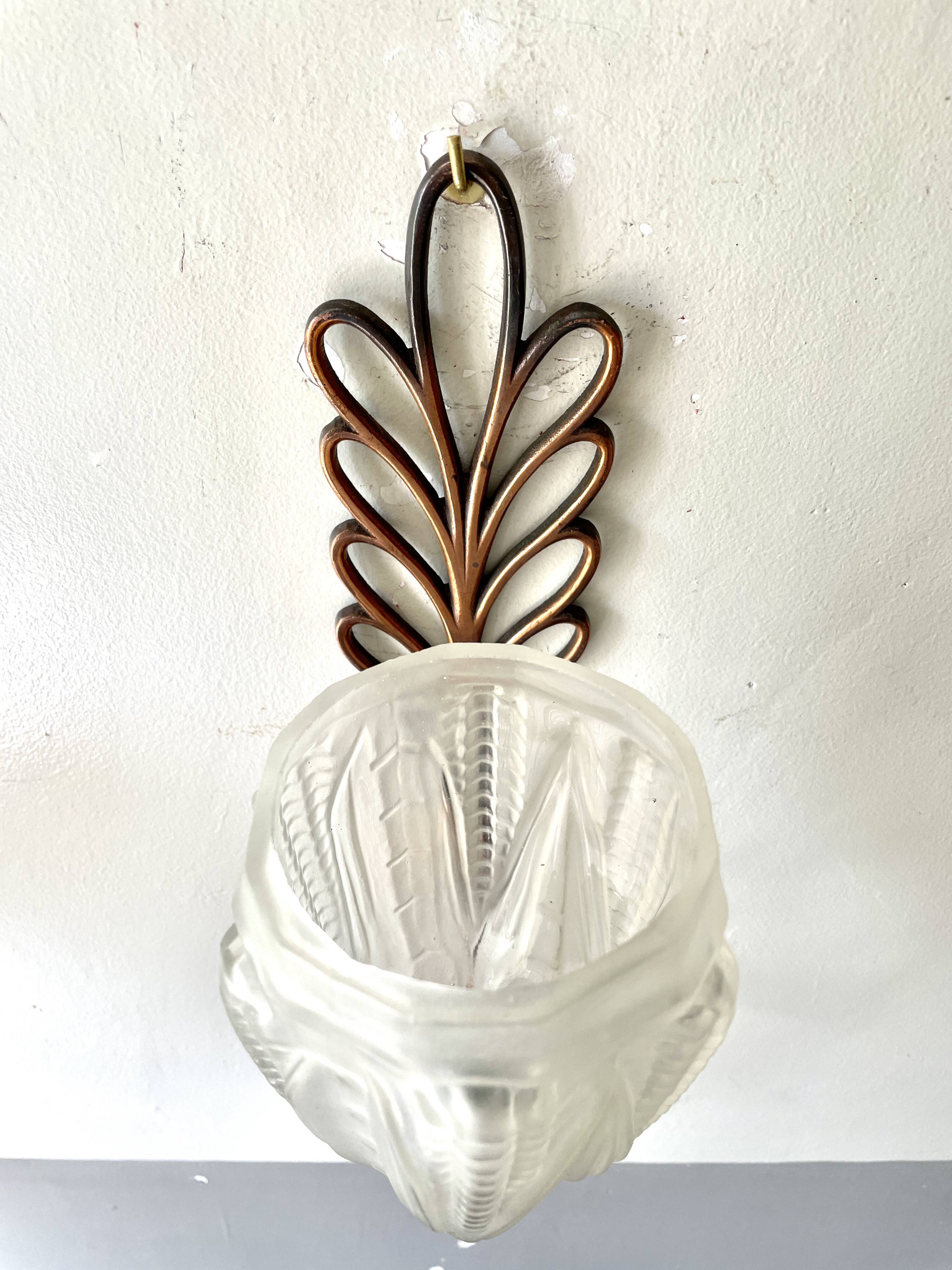 Pair of Art Deco wall lights, copper and frosted glass