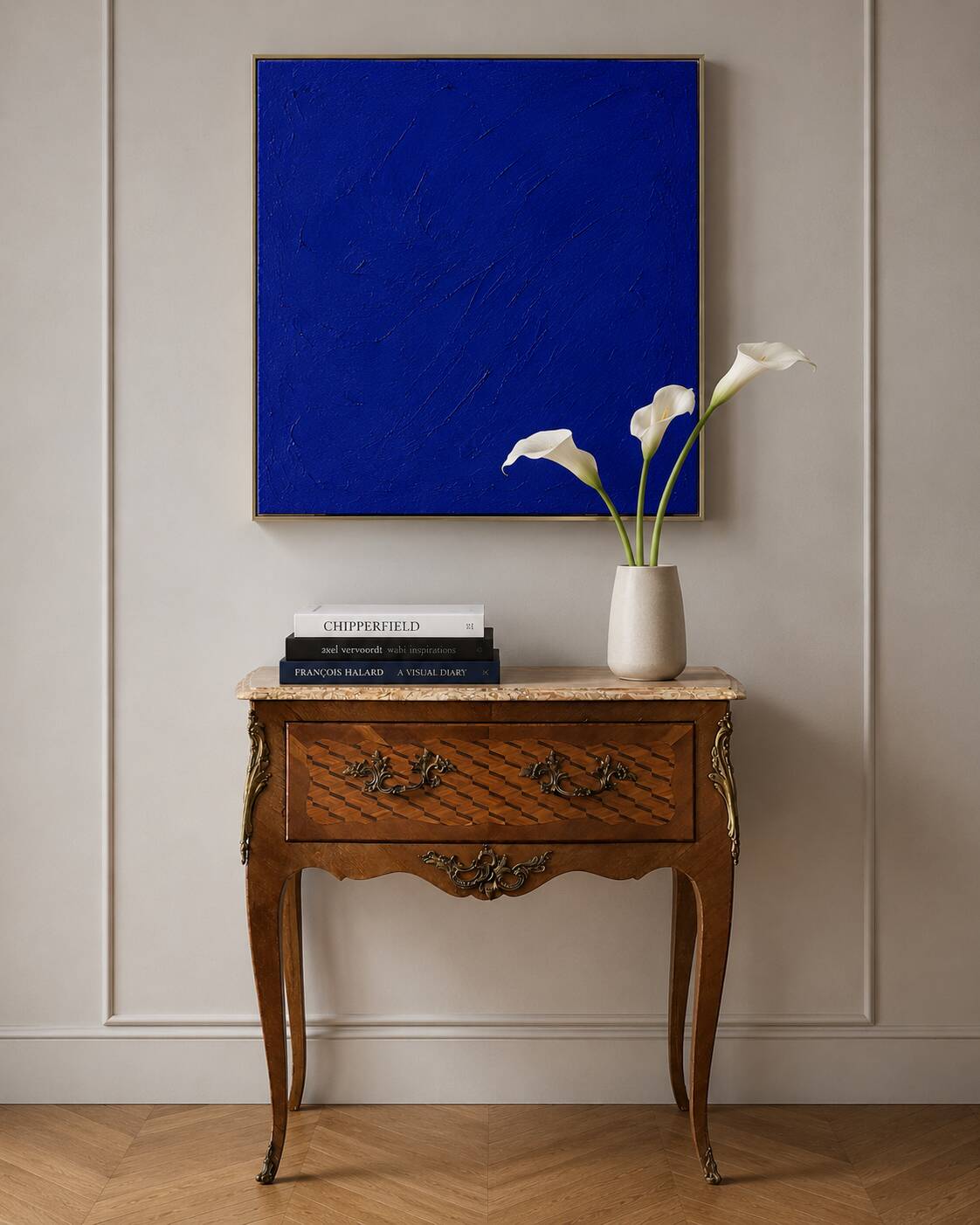 Small jump commode in Louis XV style with marquetry and marble.